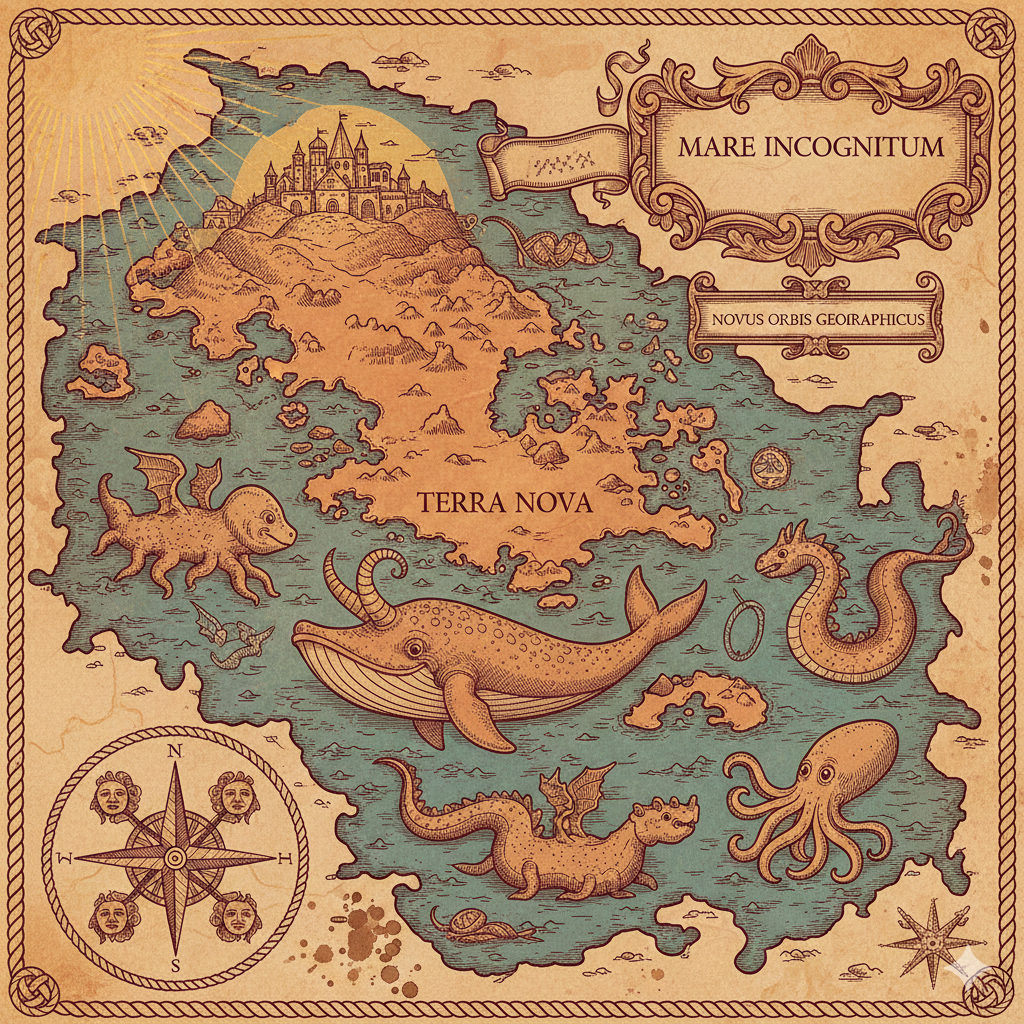 An ornate 16th-century Carta Marina style map showing an archipelago with volcanic islands, sea monsters, ships, and compass roses