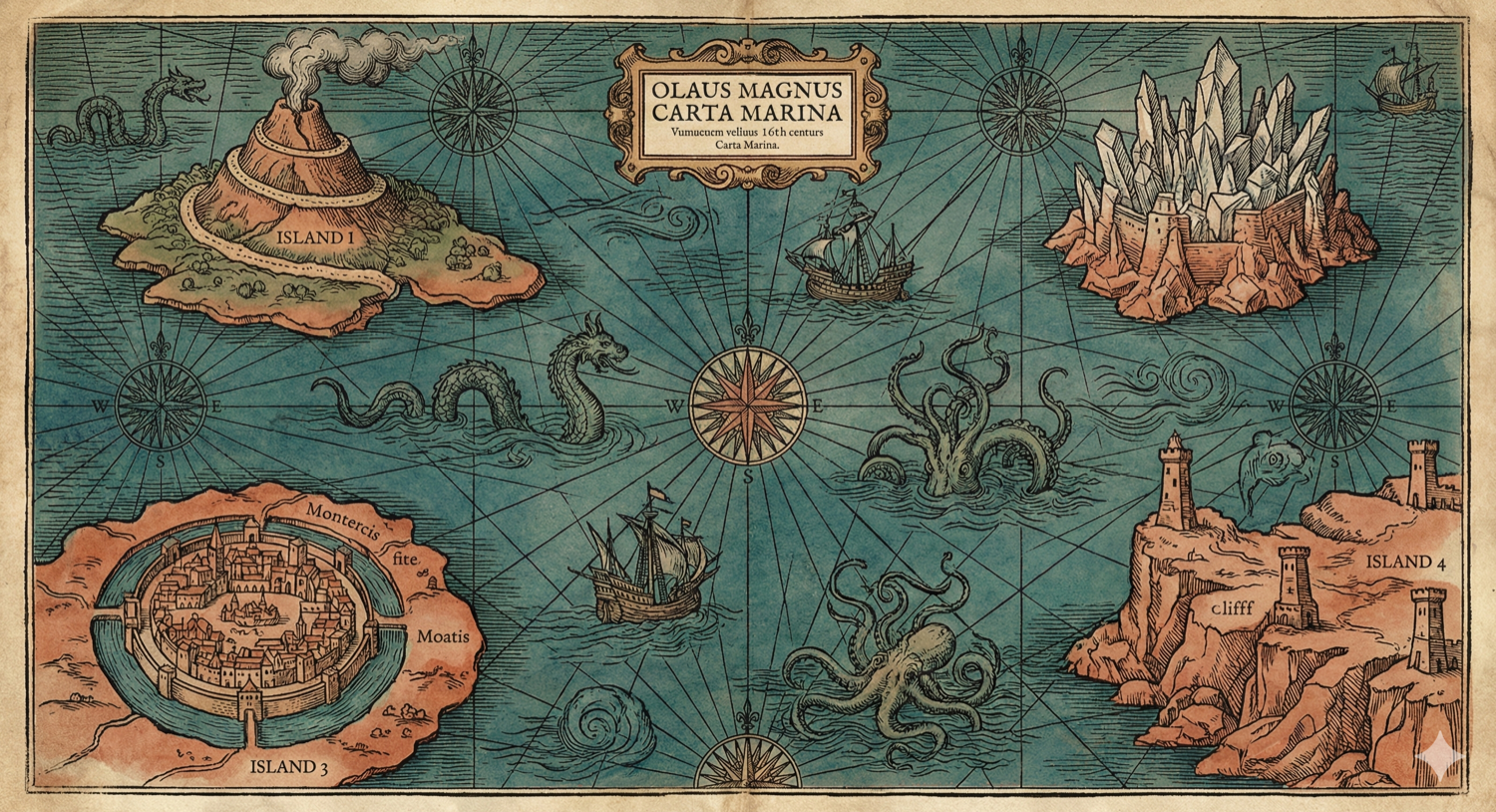 An ornate 16th-century Carta Marina style map showing an archipelago with volcanic islands, sea monsters, ships, and compass roses