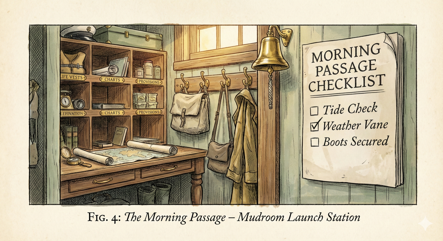 A cozy domestic mudroom entryway transformed into a nautical launch station with brass hooks and visual checklists