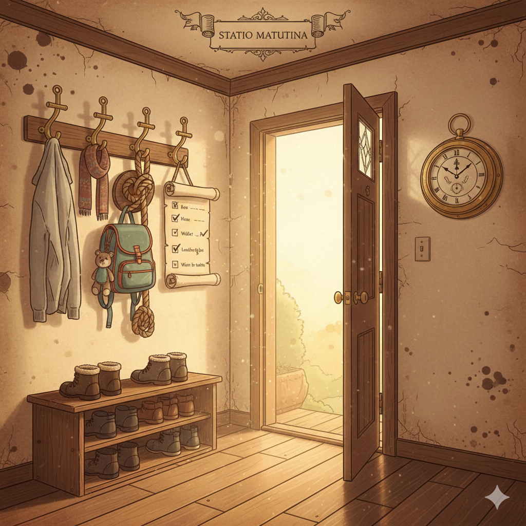 A cozy domestic mudroom entryway transformed into a nautical launch station with brass hooks and visual checklists