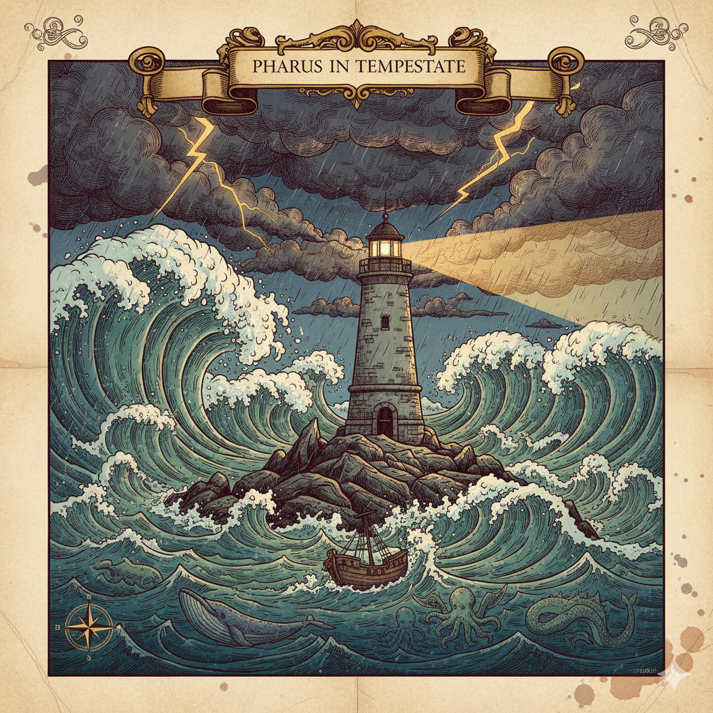 A stone lighthouse on rocky cliffs amid towering waves and sea serpents, its beacon cutting through storm clouds and lightning