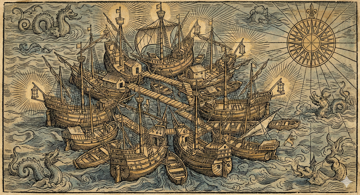 A flotilla of ships rafted together forming a floating harbor village, surrounded by sea creatures and a radiant compass rose