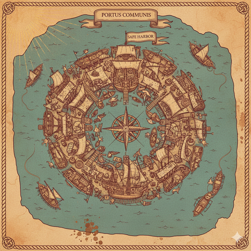 A flotilla of ships rafted together forming a floating harbor village, surrounded by sea creatures and a radiant compass rose