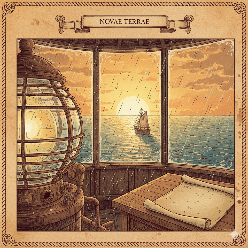 A view from inside a lighthouse lantern room looking out through rain-streaked glass at a small sailboat sailing toward the sunset