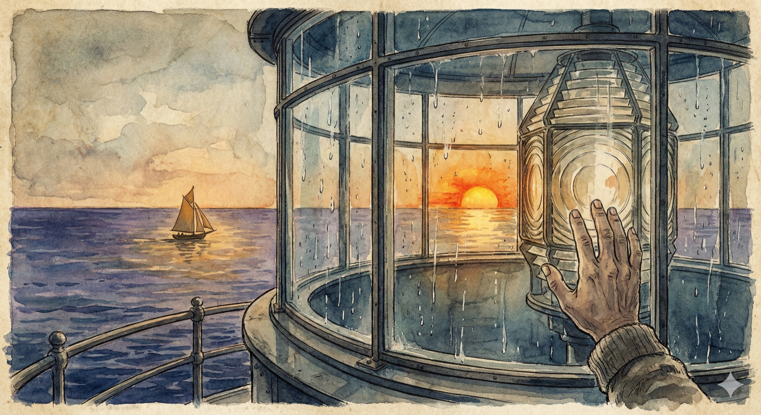 A view from inside a lighthouse lantern room looking out through rain-streaked glass at a small sailboat sailing toward the sunset